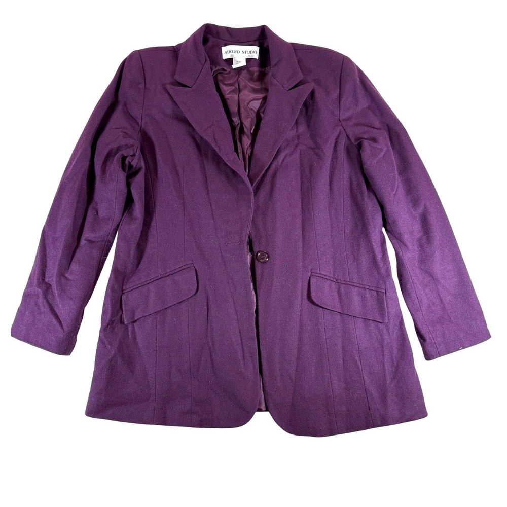Adolfo Studio Vintage Plum Purple 100% Wool Blazer Jacket Size 16 Made in USA